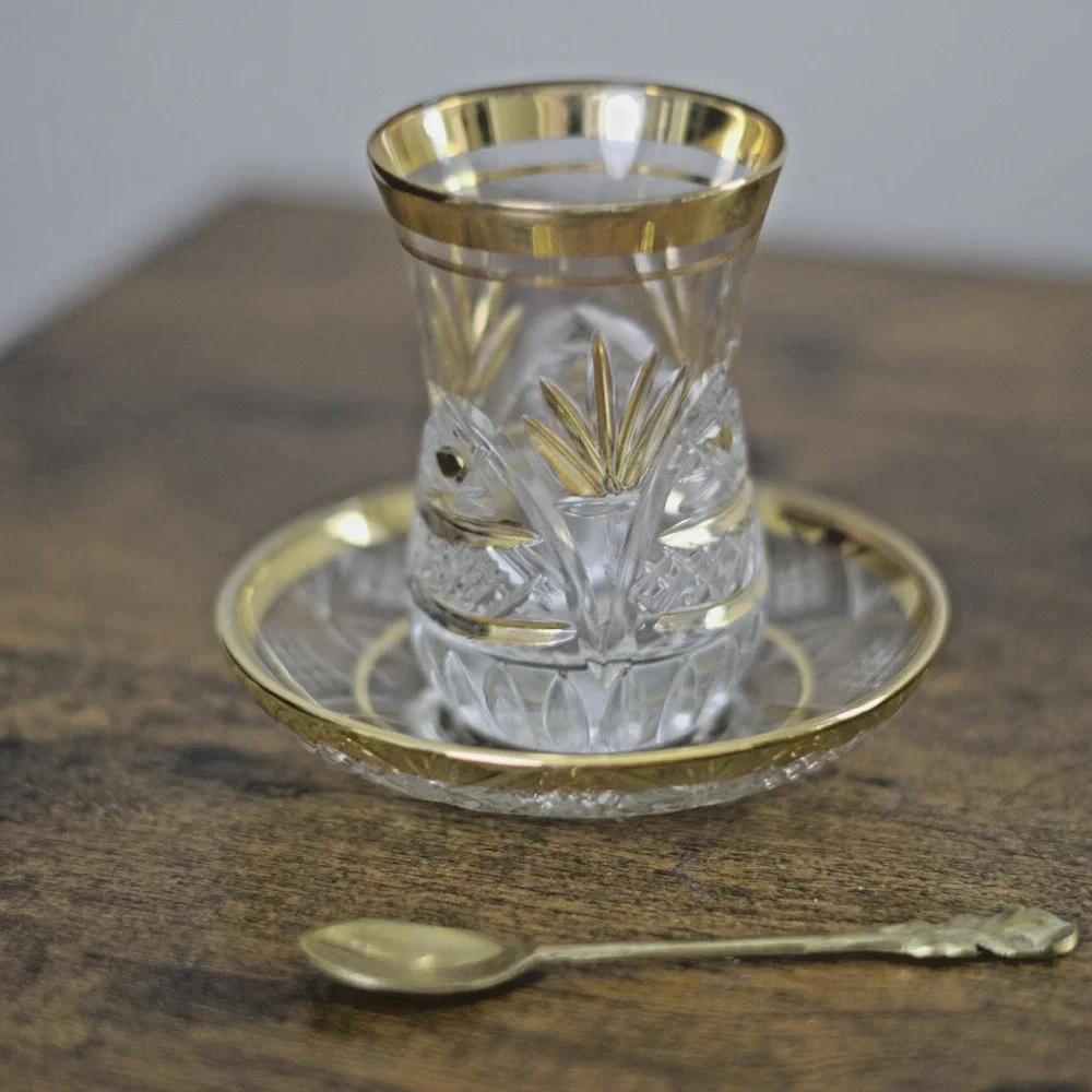 Vintage Turkish Crystal Tea Glass Saucer Spoon Gold Rim Choose Set READ